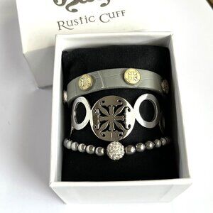GIFT BOX INCLUDED Rustic Cuff Silver Logo Cuff Leather and Beaded Set